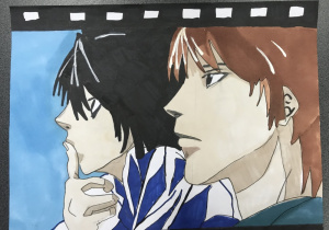 Rysunek nawiązujący do japońskich filmów Anime Profile twarzy dwóch osób patrzących w lewą stronę. Praca wykonana mazakami
